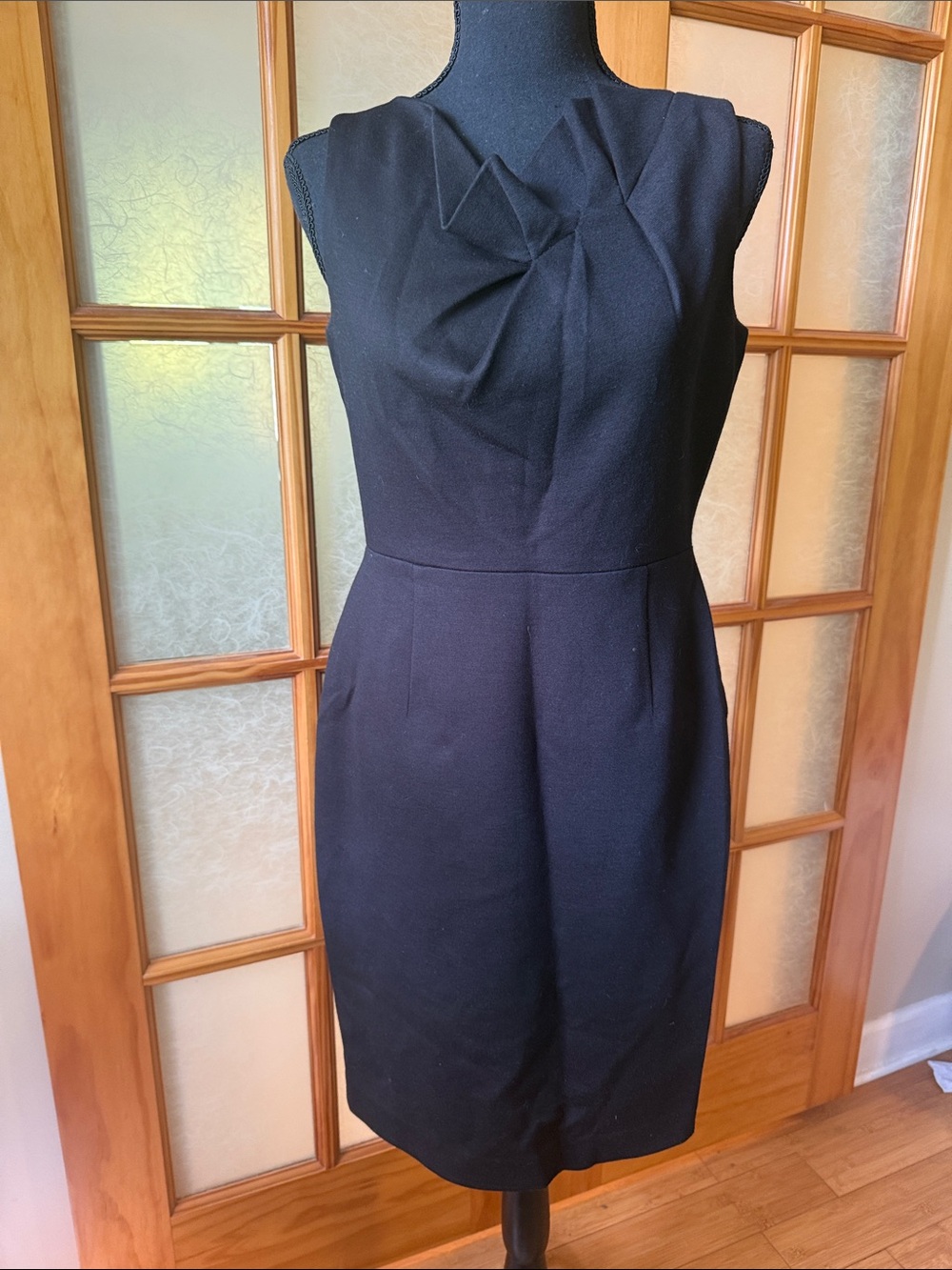 Tahari Black Sleeveless Sheath Dress with Pleated Bodice Detail